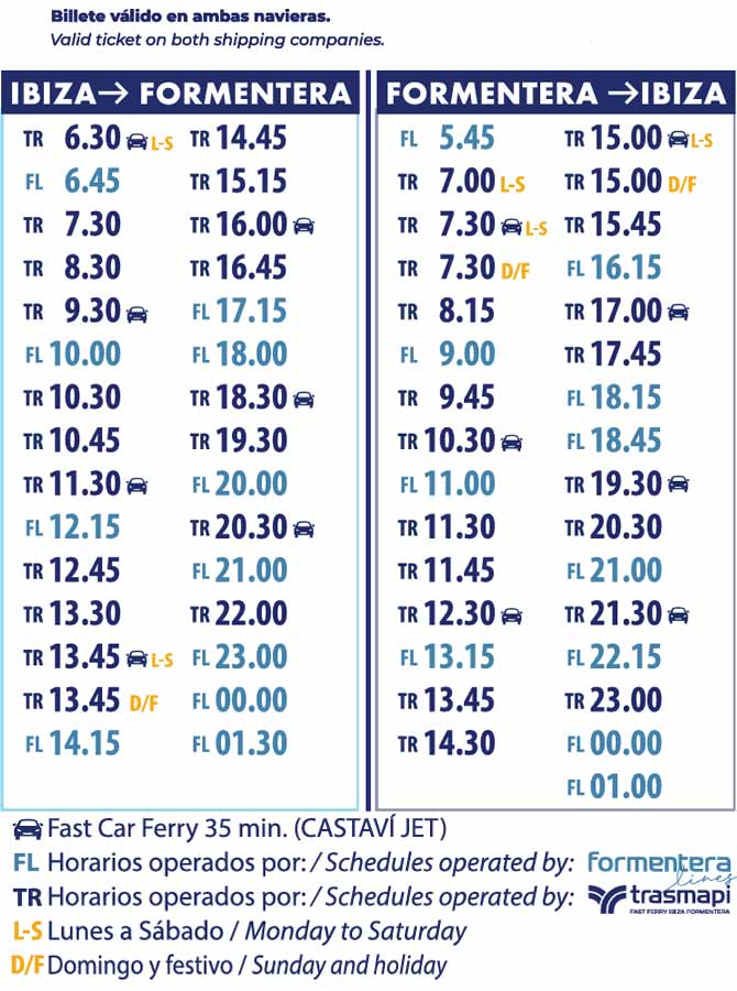 Horarios Ferry Ibiza Formentera. Ferry Ibiza a Formentera horarios actualizados verano 2026.